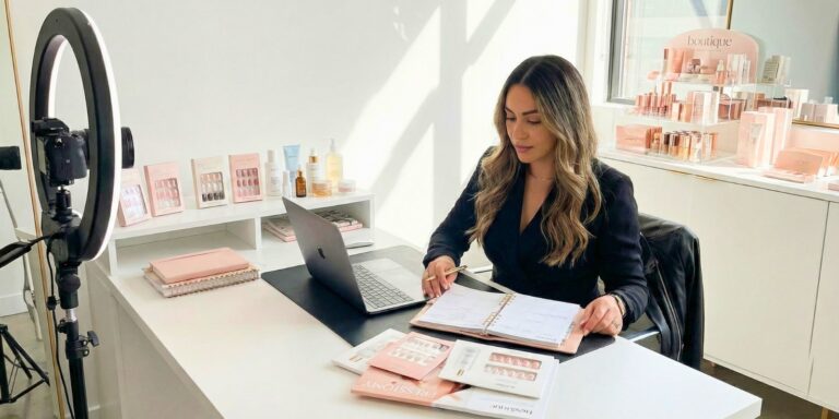 Woman in a studio office managing a beauty product business and preparing for content creation with a ring light and camera, illustrating non-service cosmetology jobs.