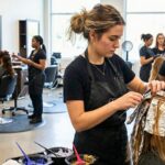 A focused cosmetology student applying foil highlights to a mannequin head during hands-on training on a busy beauty school salon floor.