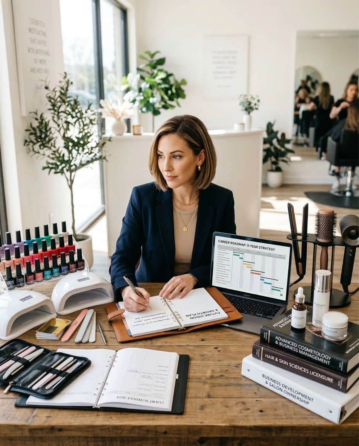 A professional beauty expert sitting at a desk planning her career path, featuring a nail technician workspace on one side and cosmetology tools with business textbooks on the other.