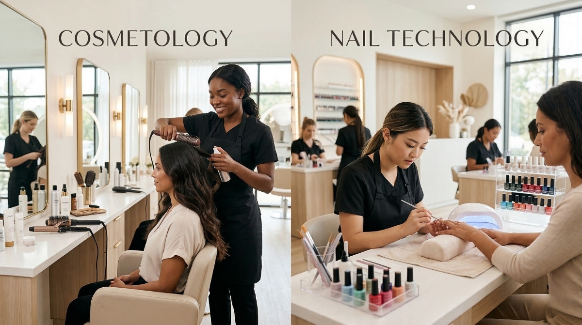 A side-by-side editorial comparison of a cosmetology student styling hair and a nail technician performing detailed nail art in a modern, luxury salon setting.