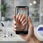 A close-up of a manicured hand holding a smartphone in a high-end salon. Floating holographic overlays display information about polymer bonding, HEMA-free ingredients, biocompatible chemistry, and market outlook, illustrating advanced and safe nail technology.