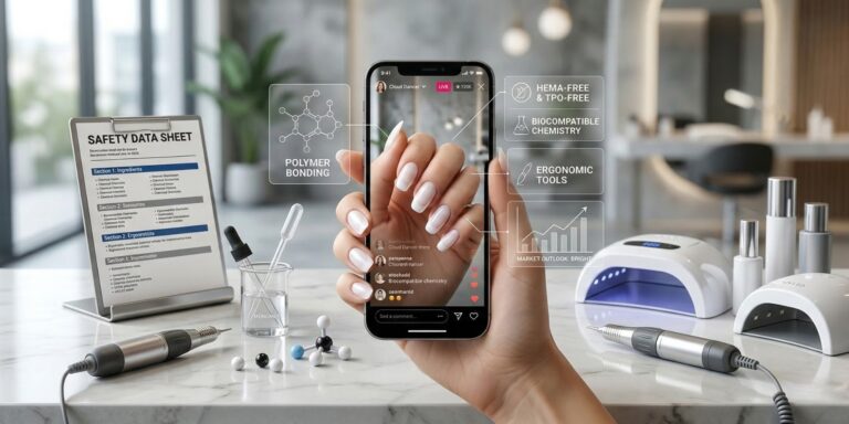 A close-up of a manicured hand holding a smartphone in a high-end salon. Floating holographic overlays display information about polymer bonding, HEMA-free ingredients, biocompatible chemistry, and market outlook, illustrating advanced and safe nail technology.