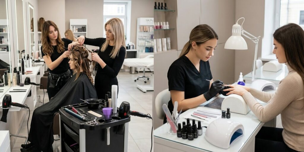 Wide, split-screen image illustrating beauty school programs. On the left, a blonde cosmetology student styles hair for a client with flat irons and curling irons in a modern salon setting. On the right, a focused nail technician in a black tunic gives a detailed manicure at a professional table with gel polish and tools, showcasing nail technology training.