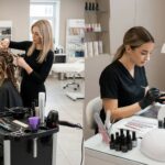 Wide, split-screen image illustrating beauty school programs. On the left, a blonde cosmetology student styles hair for a client with flat irons and curling irons in a modern salon setting. On the right, a focused nail technician in a black tunic gives a detailed manicure at a professional table with gel polish and tools, showcasing nail technology training.