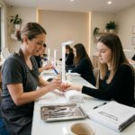 A professional nail technician instructor demonstrating manicure techniques to a student at a modern academy station with an open training workbook and metal tools on a tray.