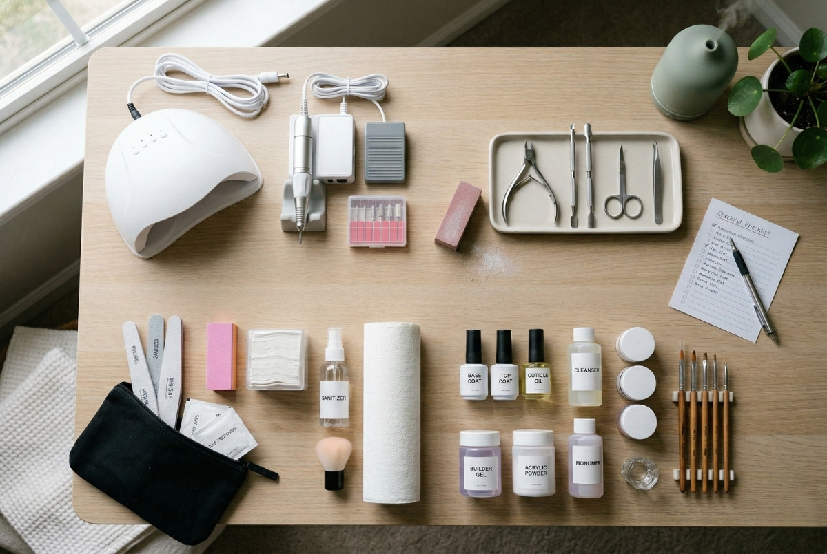 Top-down photo of a nail tech starter kit with a UV lamp, electric file, metal tools, and gel bottles arranged on a clean wooden desk.
