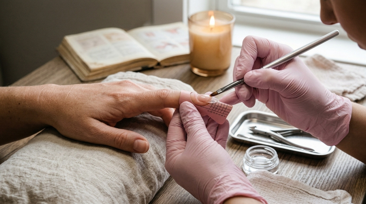 Macro side view of a nail artist shaping a clear gel extension over a pink paper guide on a client's finger.