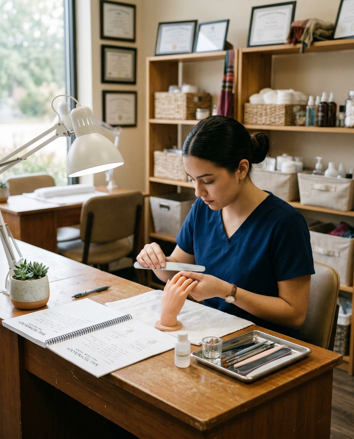 A focused nail trainee practicing filing on a mannequin hand at a wooden desk equipped with a lamp, open study workbook, and professional manicure tools in a bright, neutral-toned beauty school classroom.