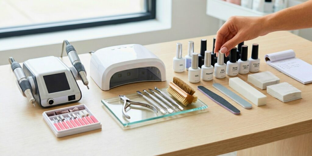 A meticulously organized collection of professional nail technology tools and equipment resting on a clean, light wood desk. The setup includes essential permanent items: a high-torque electric nail file (E-file) machine with various bits, a modern white LED/UV curing lamp, and sterile stainless steel implements like cuticle nippers and pushers resting on a glass tray. Adjacent to these are consumable materials including files, buffers, a wooden-handled nail brush, lint-free wipes, and a notepad. A collection of unbranded professional gel polish, primer, and base coat bottles are lined up on the right, with a manicured hand reaching to select one.