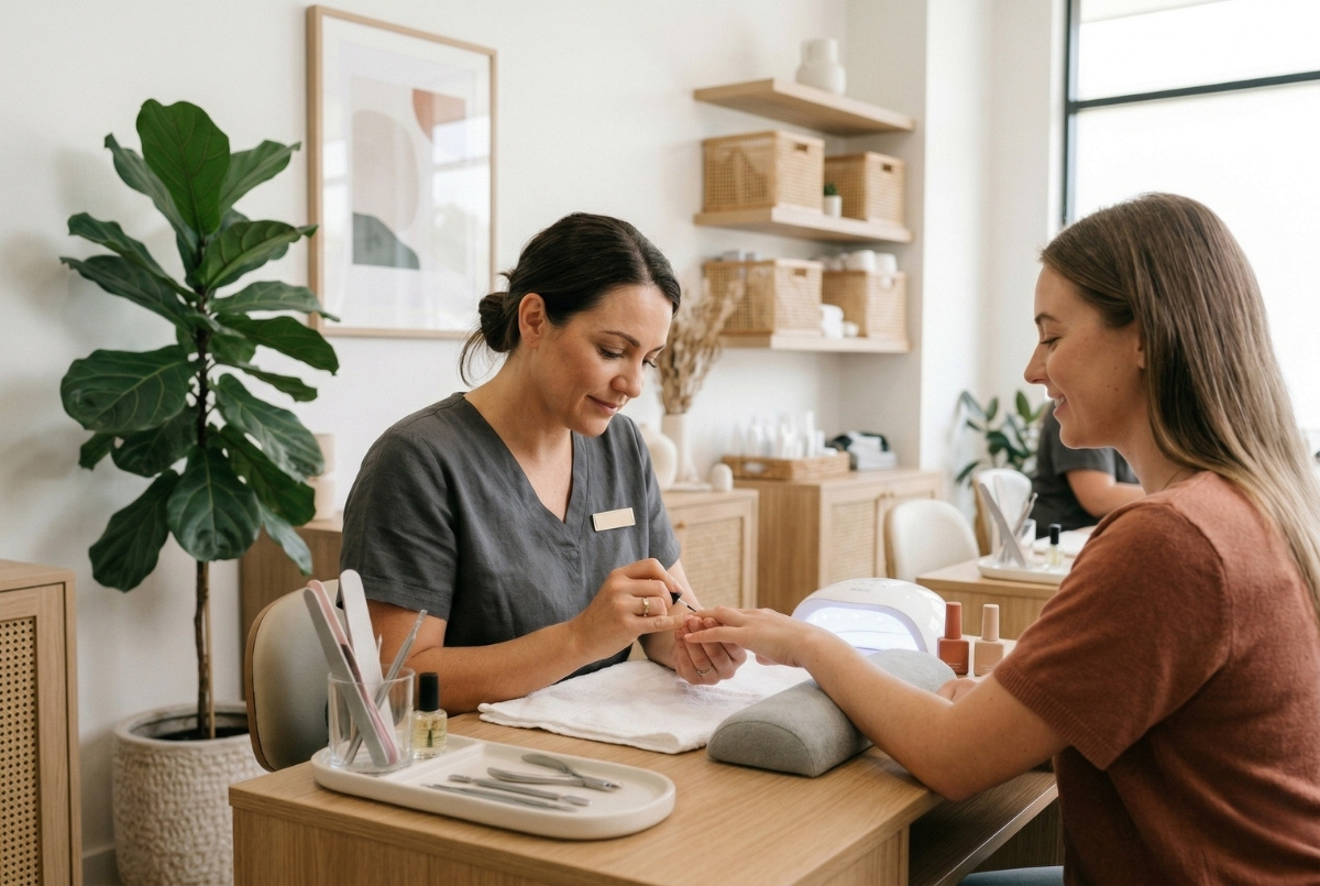 A licensed nail technician in grey scrubs carefully provides a professional manicure to a client at a clean, organized wooden workstation inside a modern, bright salon with minimalist decor.