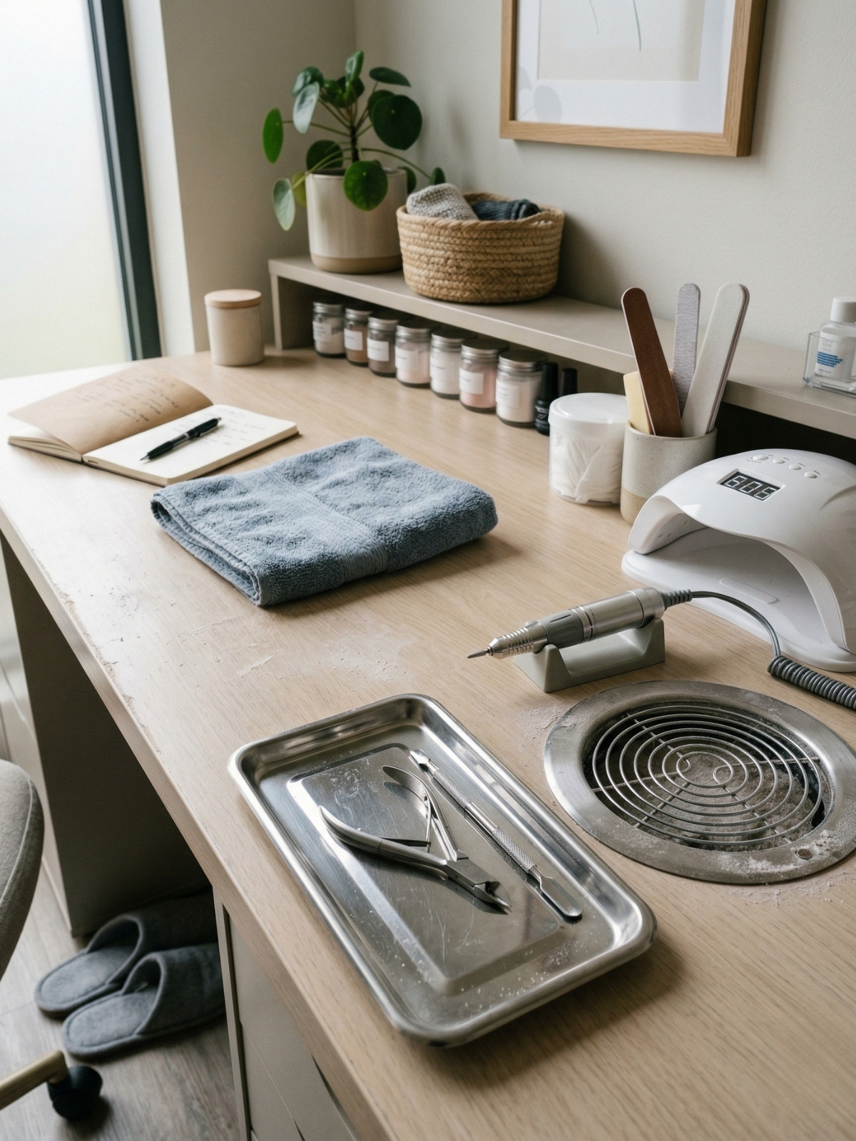 A professional nail technician workstation with a UV lamp, an electric file, and stainless steel tools on a clean tray.