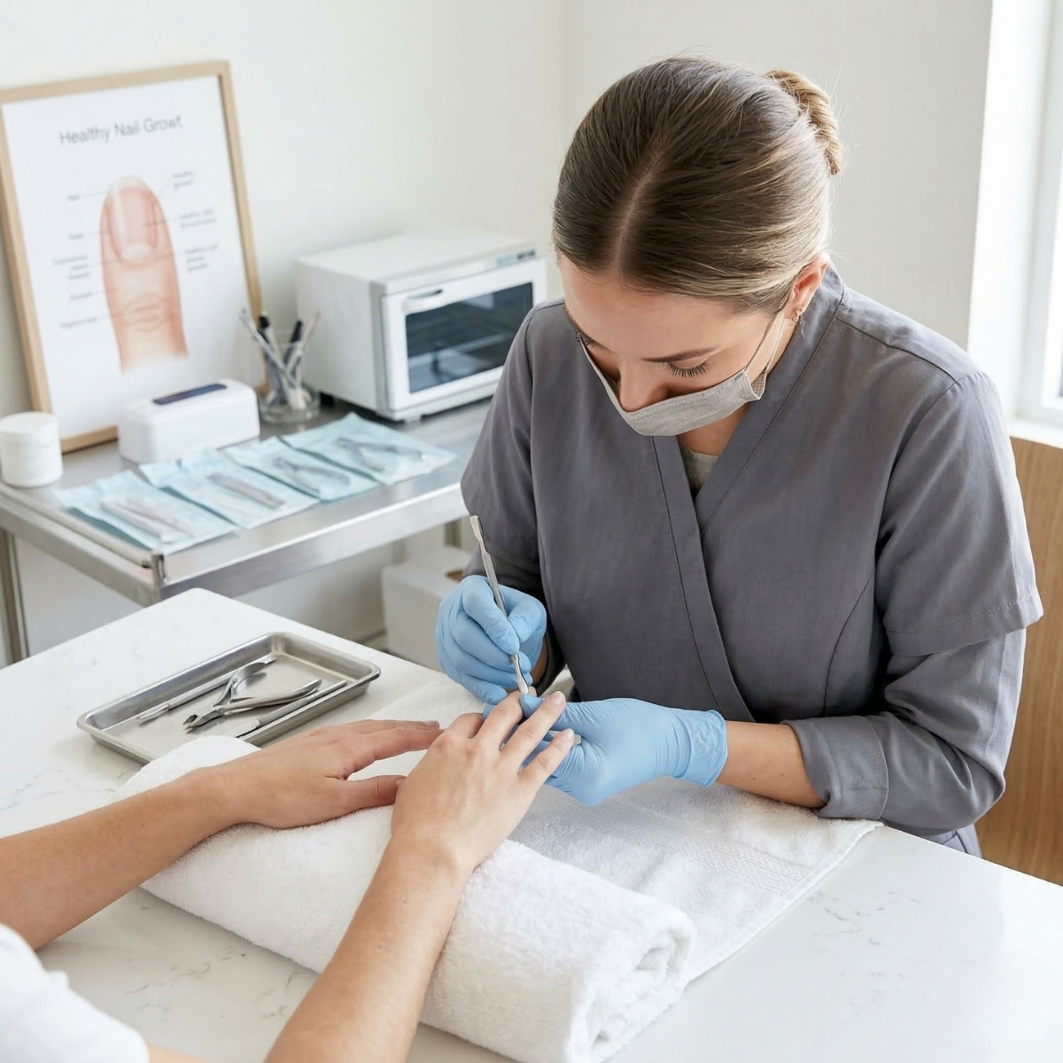 A professional nail technician in a clinical salon wearing a mask and blue gloves, performing a precise manicure focused on nail health and hygiene in a sterile, modern environment.