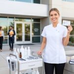 A smiling professional esthetician holding her state board license card, standing proudly outside a Professional Licensing Center building with a beauty product trolley.