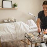 A student esthetician in professional scrubs organizes skincare tools on a rolling metal cart next to a prepared facial bed in a bright educational setting.