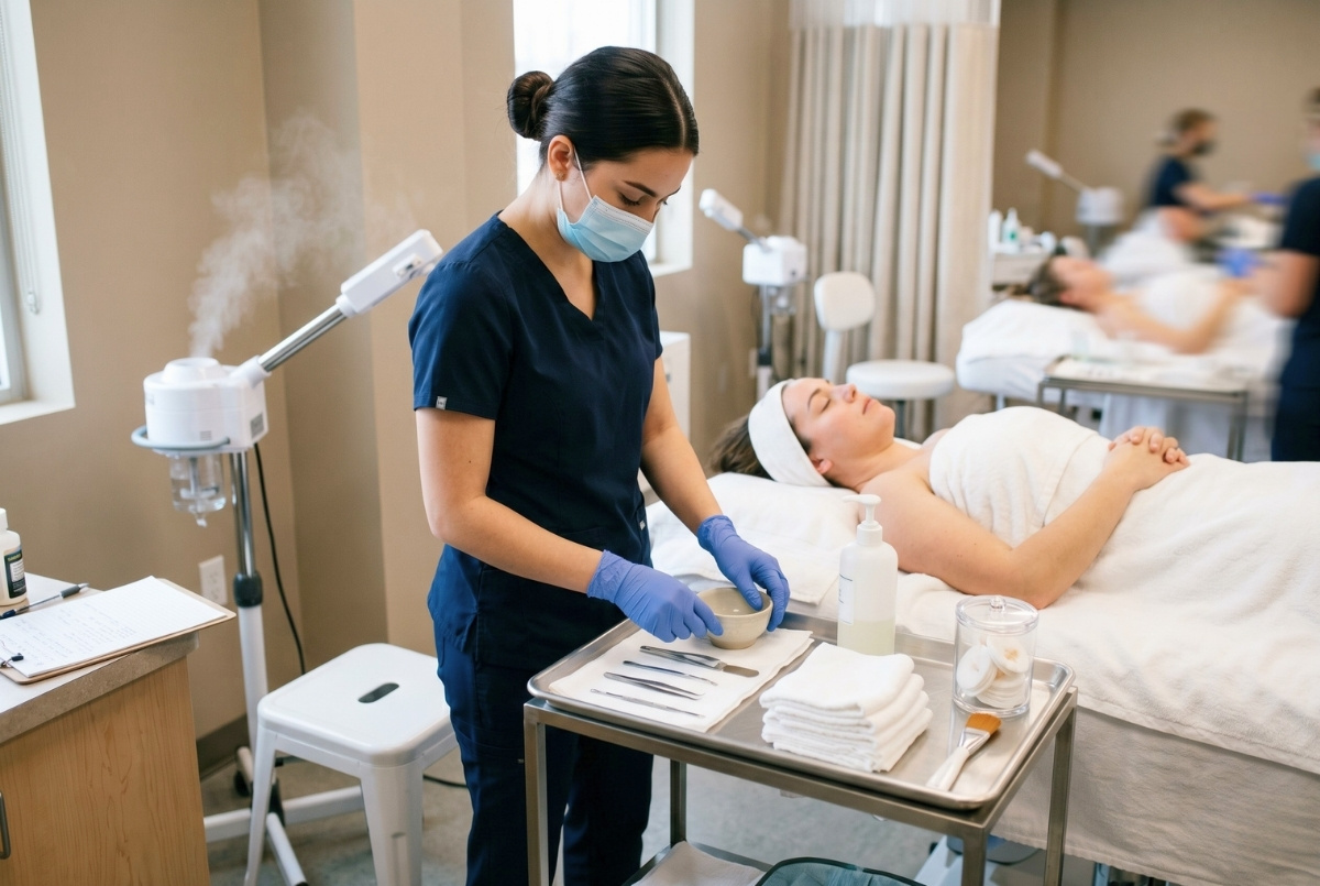 An esthetics student in blue scrubs and gloves organizes skincare tools on a metal tray next to a client in a bright clinic.