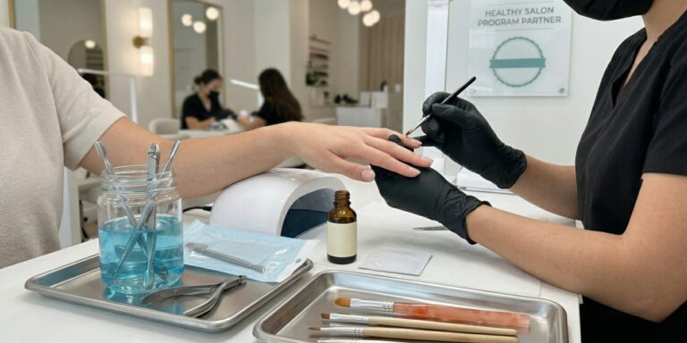 A professional nail technician wearing black gloves and a mask performs a service at a clean workstation with sterilized tools, a UV lamp, and aftercare products.
