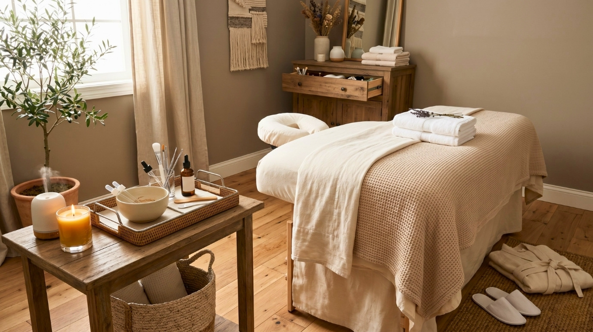 A neatly arranged skincare treatment room with a cream colored massage bed, a tray of facial tools, and warm sunlight streaming through the window.