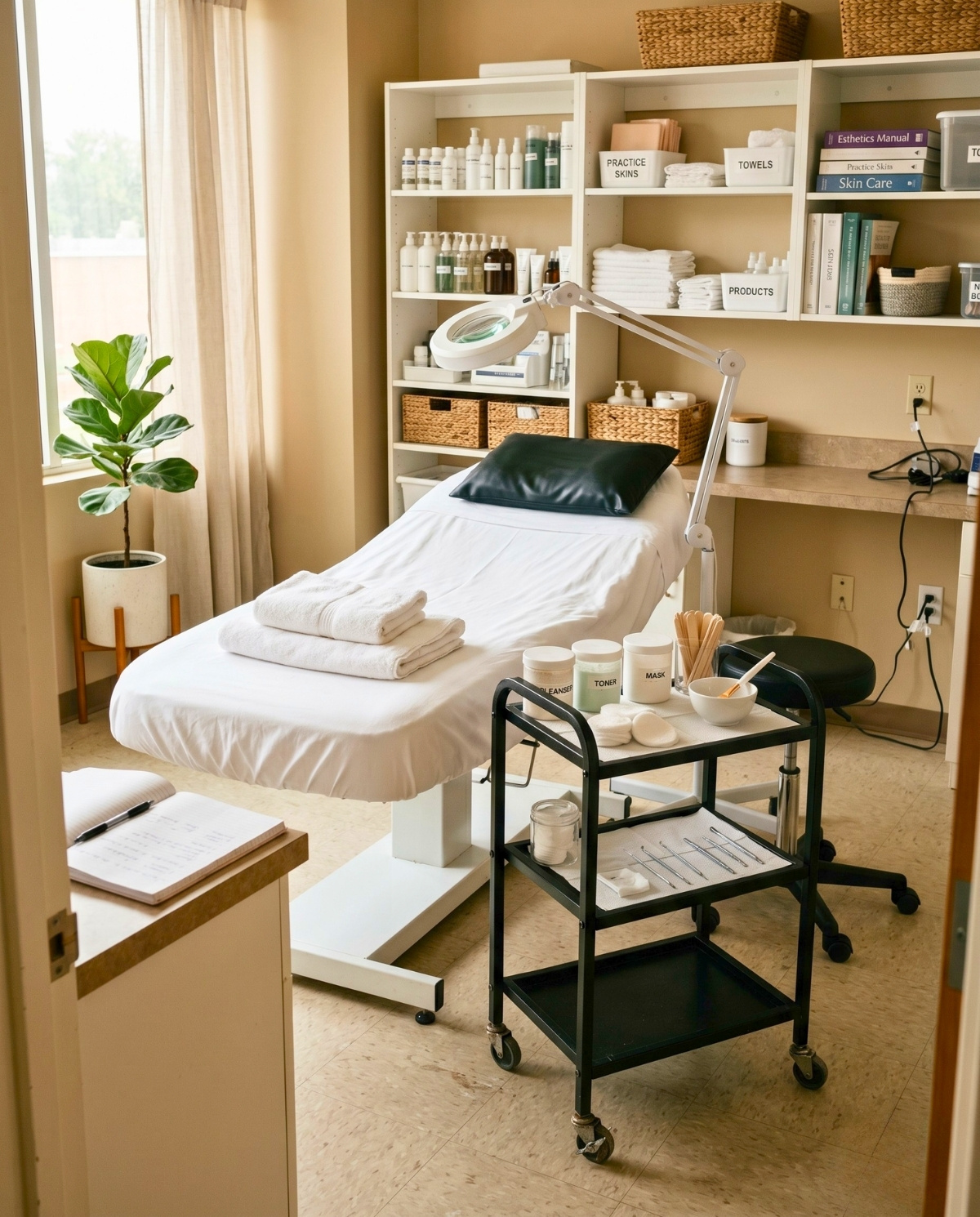 A bright student esthetics clinic room featuring a white treatment bed, a rolling metal tray with skincare tools, and organized shelving in the background.