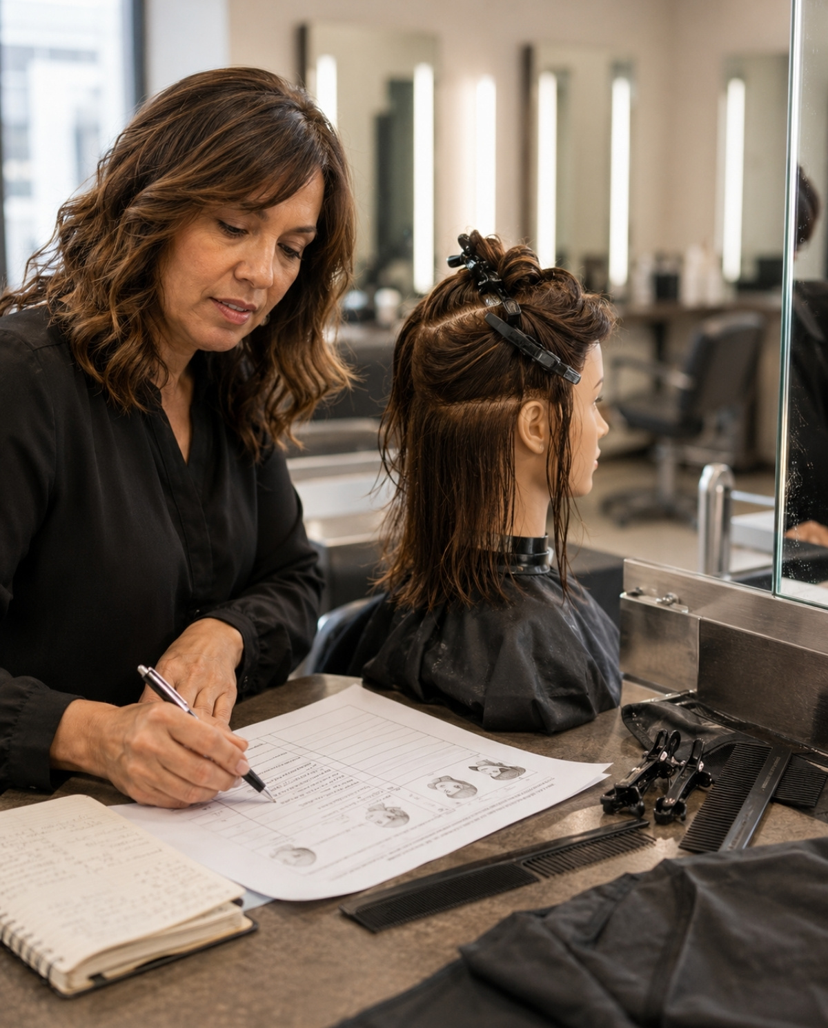 A close-up beauty education scene showing an instructor reviewing lesson plans with a mannequin head, combs, clips, and training materials, highlighting the classroom preparation behind becoming a beauty instructor.