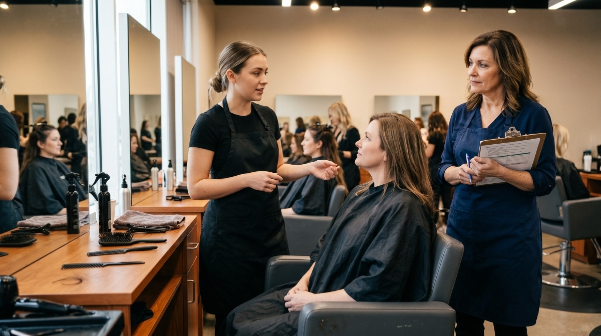 A professional beauty educator with a clipboard observes a student talking to a client in a modern salon environment.