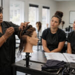 Beauty instructor demonstrating mannequin hair sectioning to adult students in a professional cosmetology training classroom.