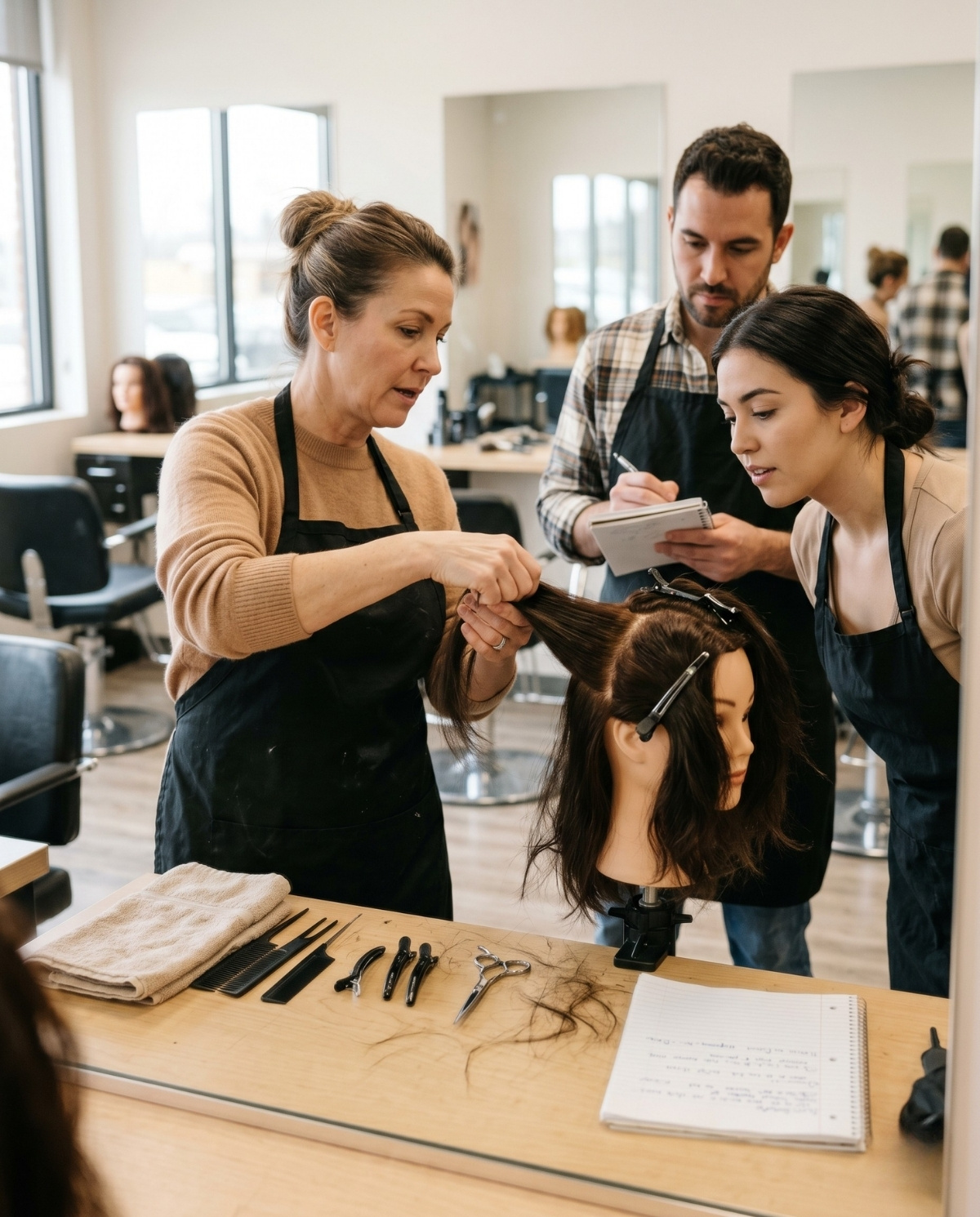 A professional beauty school instructor demonstrates hair sectioning on a mannequin head while students watch closely in a classroom.