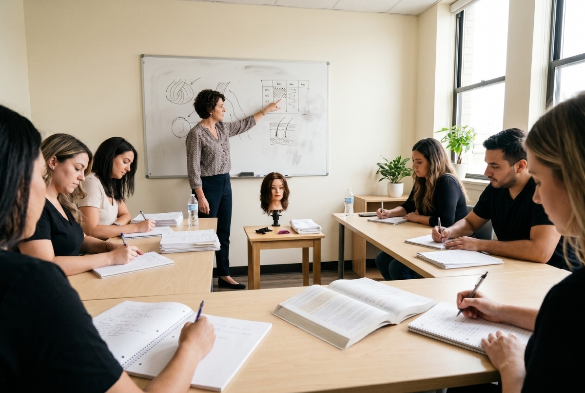 An experienced beauty educator explains hair-color and skin-care diagrams on a whiteboard while adult students take notes in a bright classroom.
