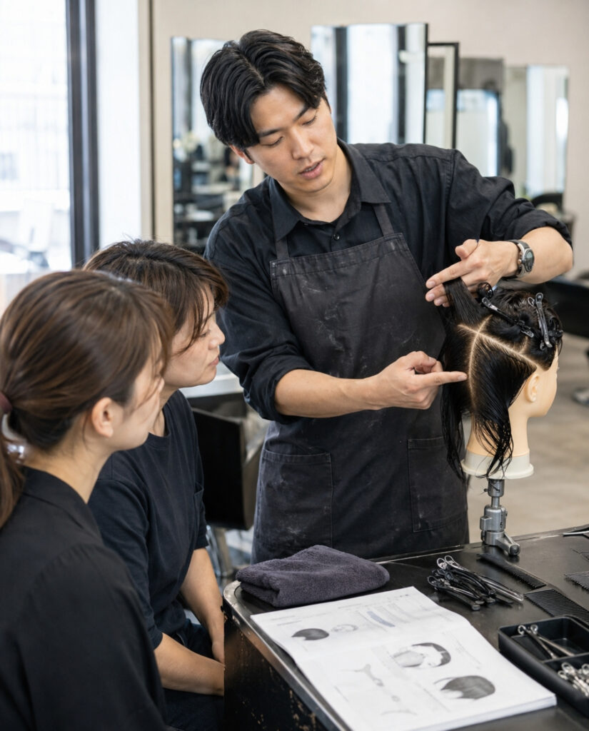 Cosmetology instructor trainee teaching hair sectioning technique on a mannequin while students watch in a salon classroom.