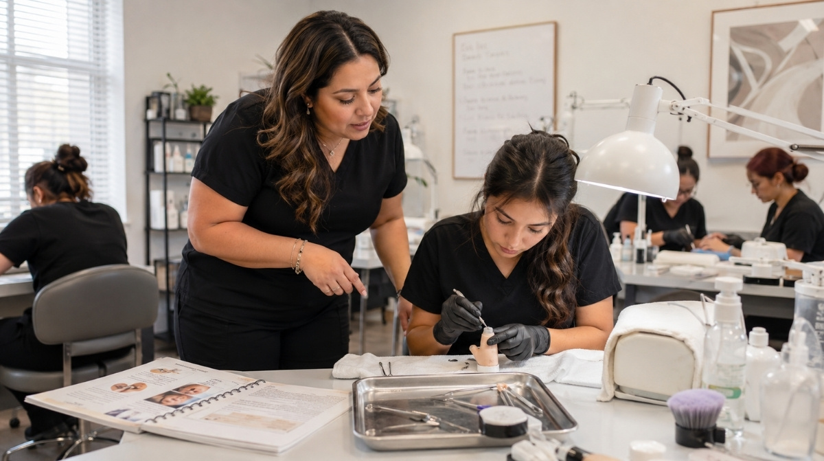 Nail instructor supervising a student during hands-on practice in a professional beauty training classroom.