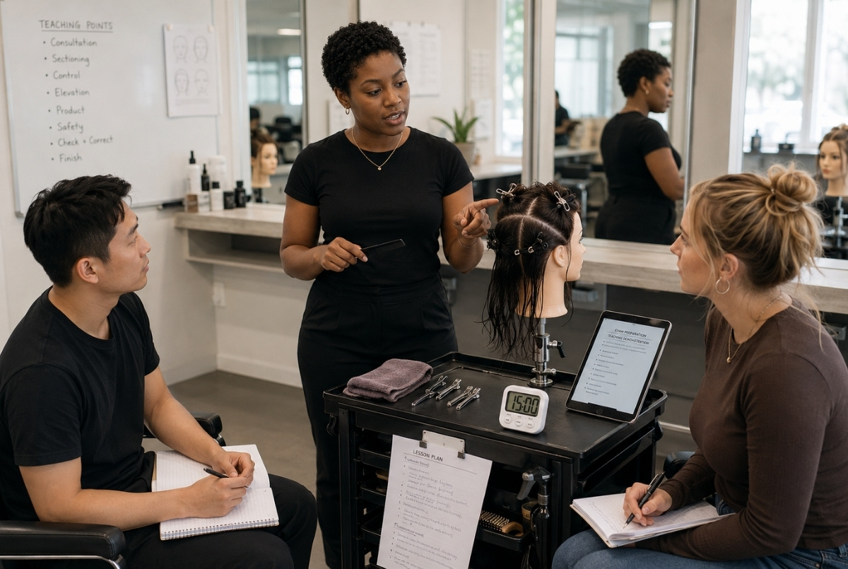 Beauty instructor candidate explaining hair sectioning on a mannequin head while two students take notes during a classroom teaching demonstration.