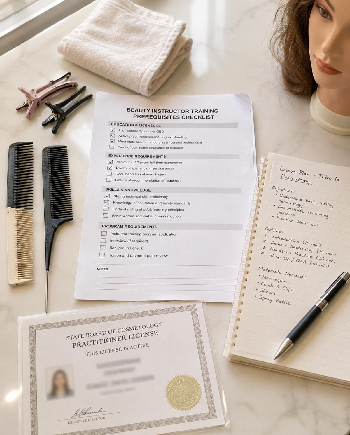 Beauty instructor training checklist on a salon desk with practitioner license, lesson plan notebook, combs, clips, folded towel, and mannequin head.