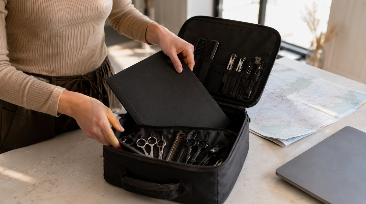 Beauty professional packing sanitized scissors, combs, clips, and a license folder into a salon case beside a map and laptop.