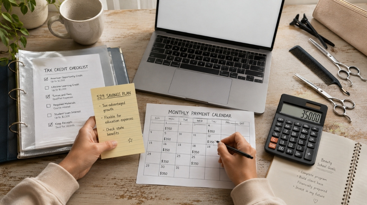 Student hands organizing a monthly payment calendar, 529 savings note, tax credit checklist, calculator, laptop, notebook, and cosmetology tools on a desk.