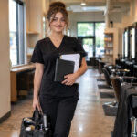 Confident cosmetology graduate standing in a bright salon aisle with a kit, resume binder, license folder, tools, and mannequin station.