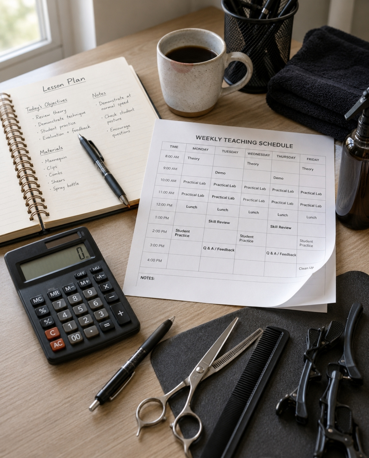 Cosmetology instructor workspace with lesson plan notebook, weekly teaching schedule, calculator, coffee cup, scissors, comb, and hair clips on a classroom desk.