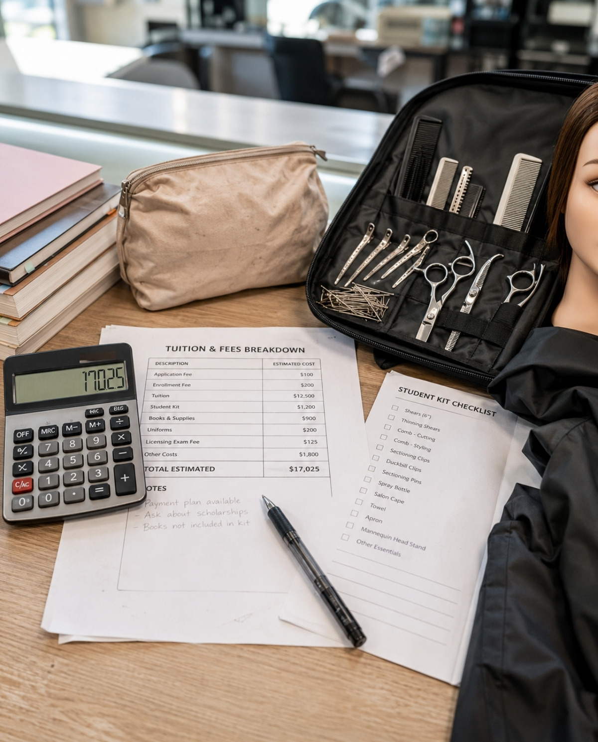 Close up of a cosmetology student kit, tuition and fees breakdown, calculator, checklist, textbooks, shears, combs, and mannequin head on a classroom table.