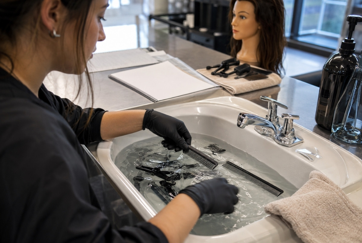 Cosmetology student wearing gloves and disinfecting combs and clips at a salon classroom sink with a mannequin head nearby.