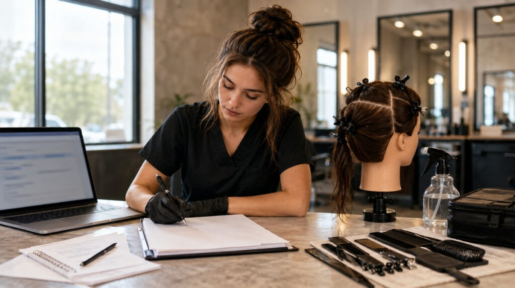 Cosmetology student in a salon classroom studying beside a blurred laptop, mannequin head, tools, gloves, and practical kit.