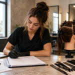 Cosmetology student in a salon classroom studying beside a blurred laptop, mannequin head, tools, gloves, and practical kit.