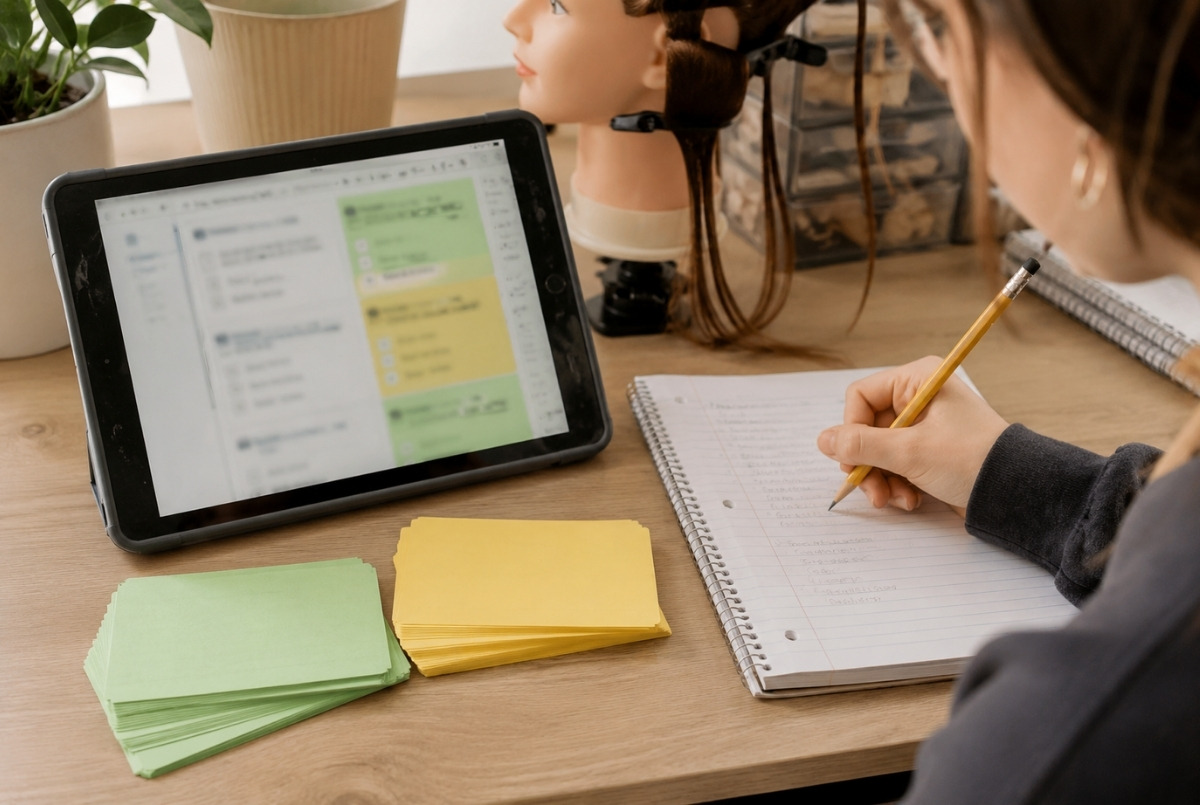 Student reviewing cosmetology practice test mistakes with a blurred tablet, color coded flashcards, notebook, and mannequin head.