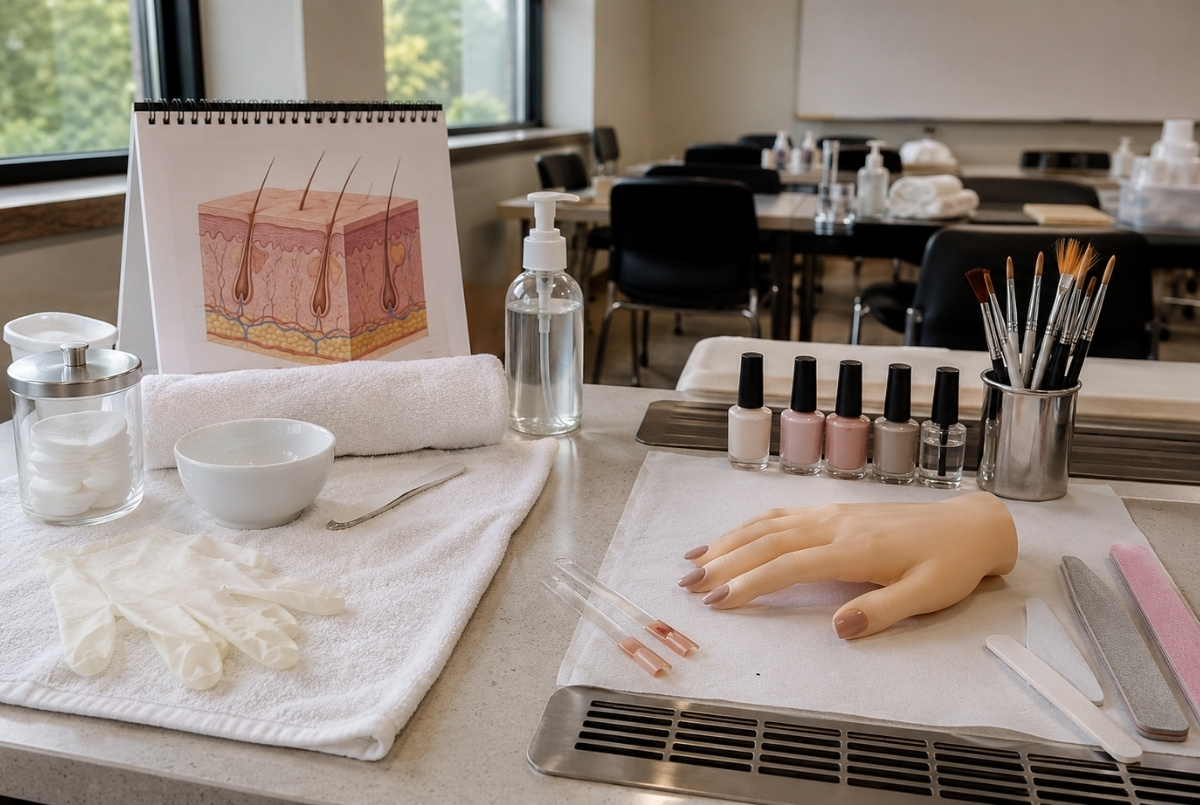 Esthetics and nail instructor training table with skin diagram, cotton pads, gloves, facial tools, practice hand, nail polish bottles, brushes, files, and ventilation grille.