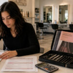 Beauty school student reviewing financial aid paperwork beside a calculator, tuition sheet, notebook, and open cosmetology kit in a modern salon classroom.