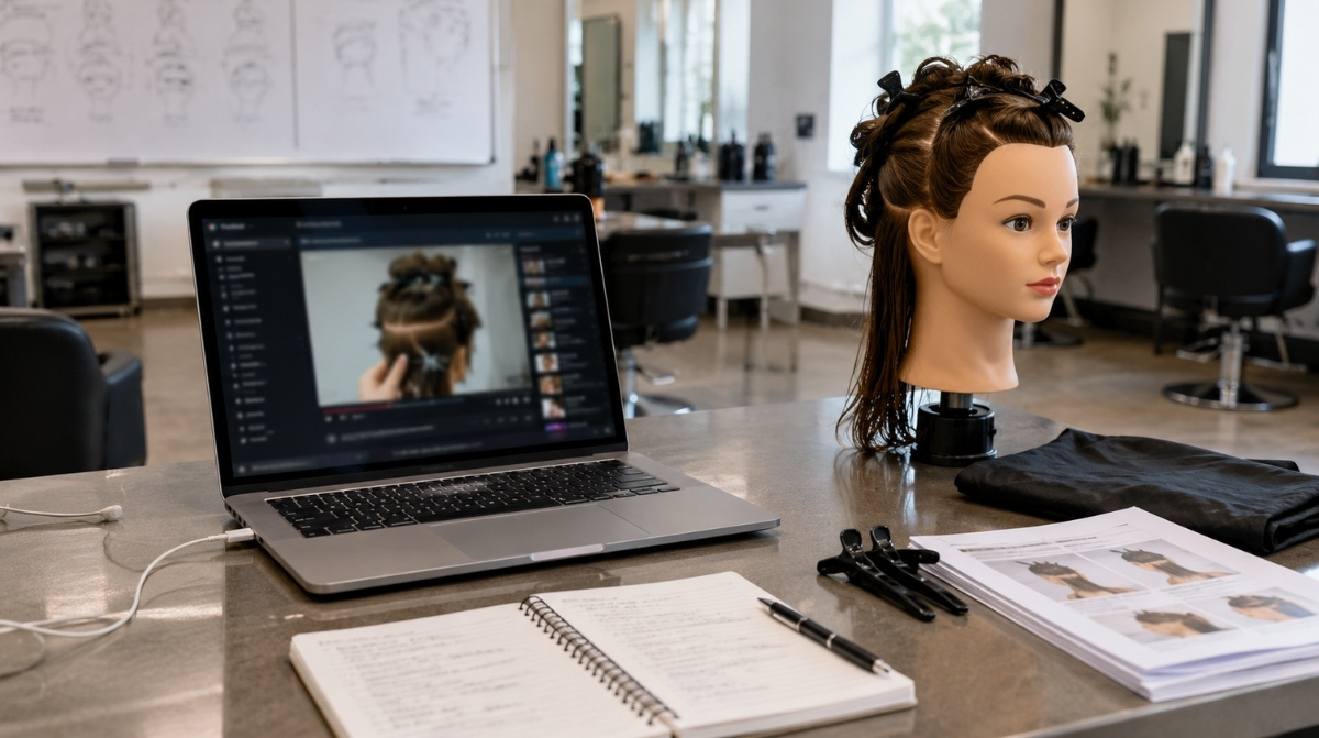 Hybrid beauty education workspace with laptop showing a blurred online theory lesson, mannequin head, notebook, hair clips, printed lesson materials, and folded salon cape.