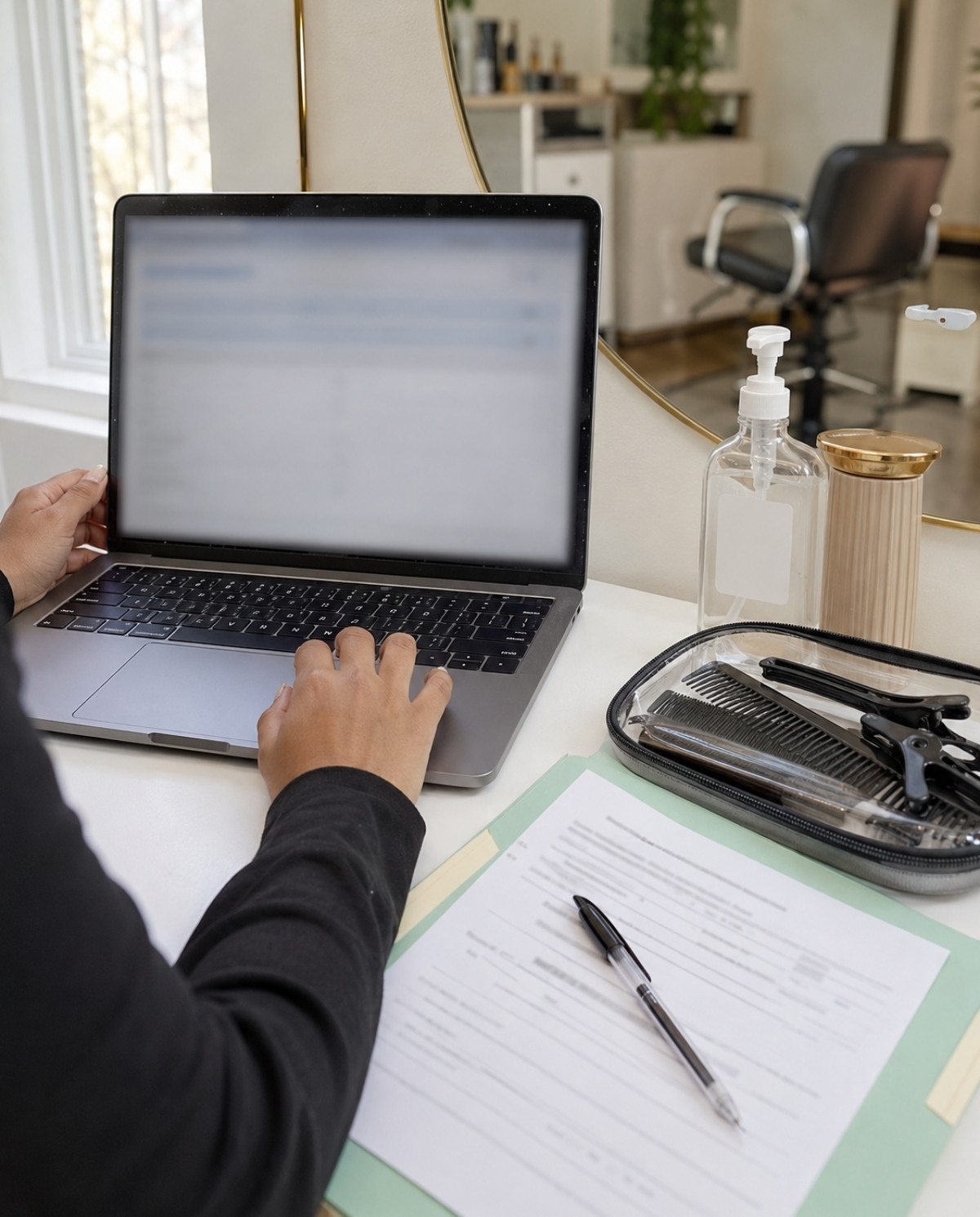Graduate checking a blurred online license status on a laptop beside application paperwork, sanitizer, combs, clips, and salon supplies.