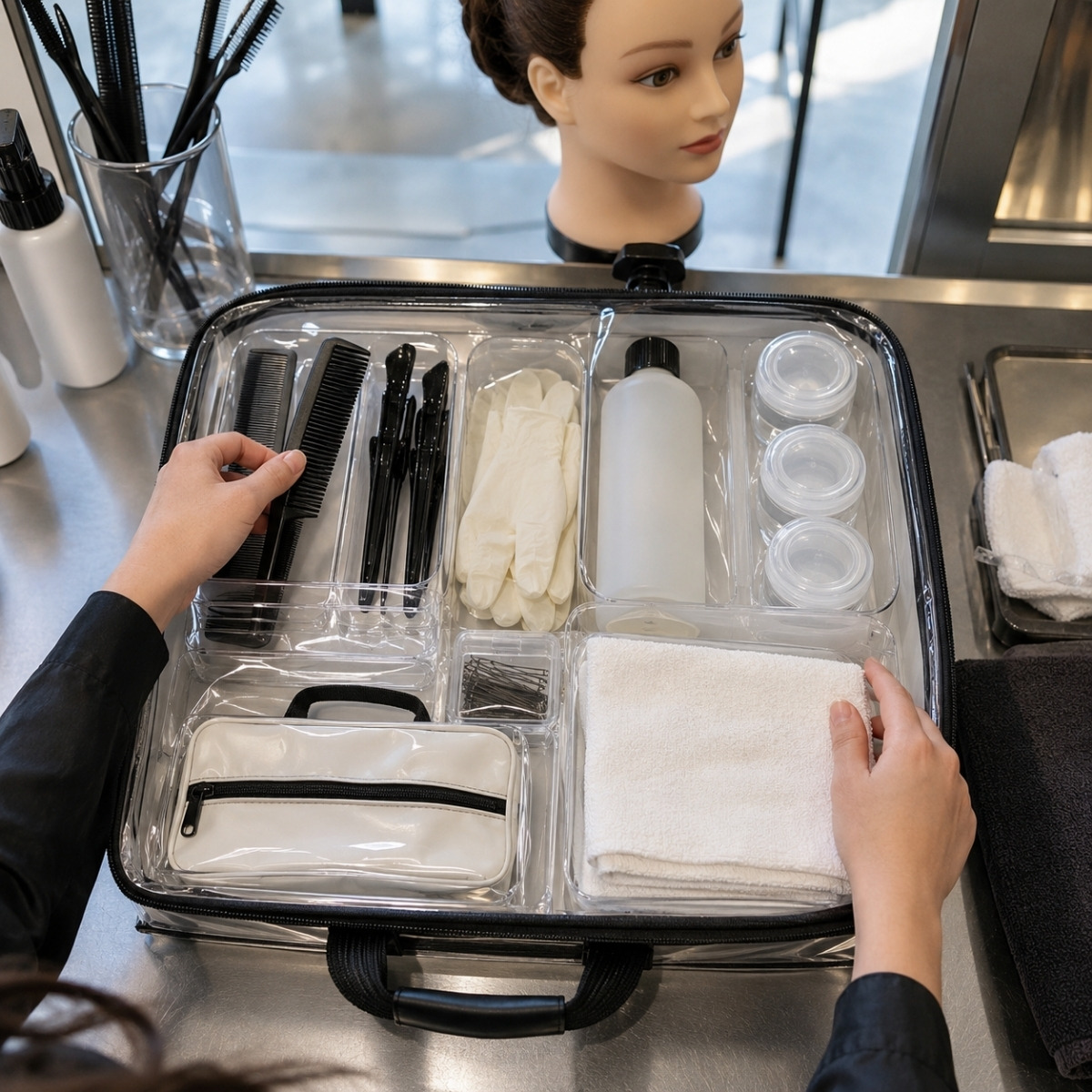Organized cosmetology practical exam kit with combs, clips, gloves, towels, blank bottles, sealed containers, and mannequin head.