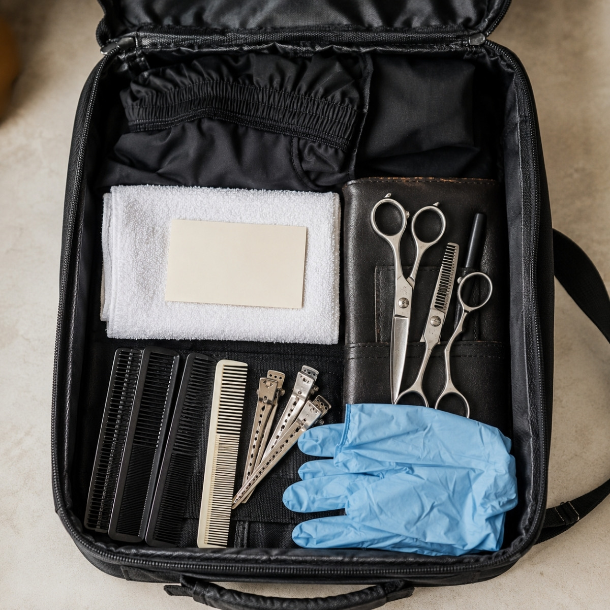 Open salon kit arranged with a clean cape, disinfected combs, clips, shears, gloves, towel, and blank appointment card.