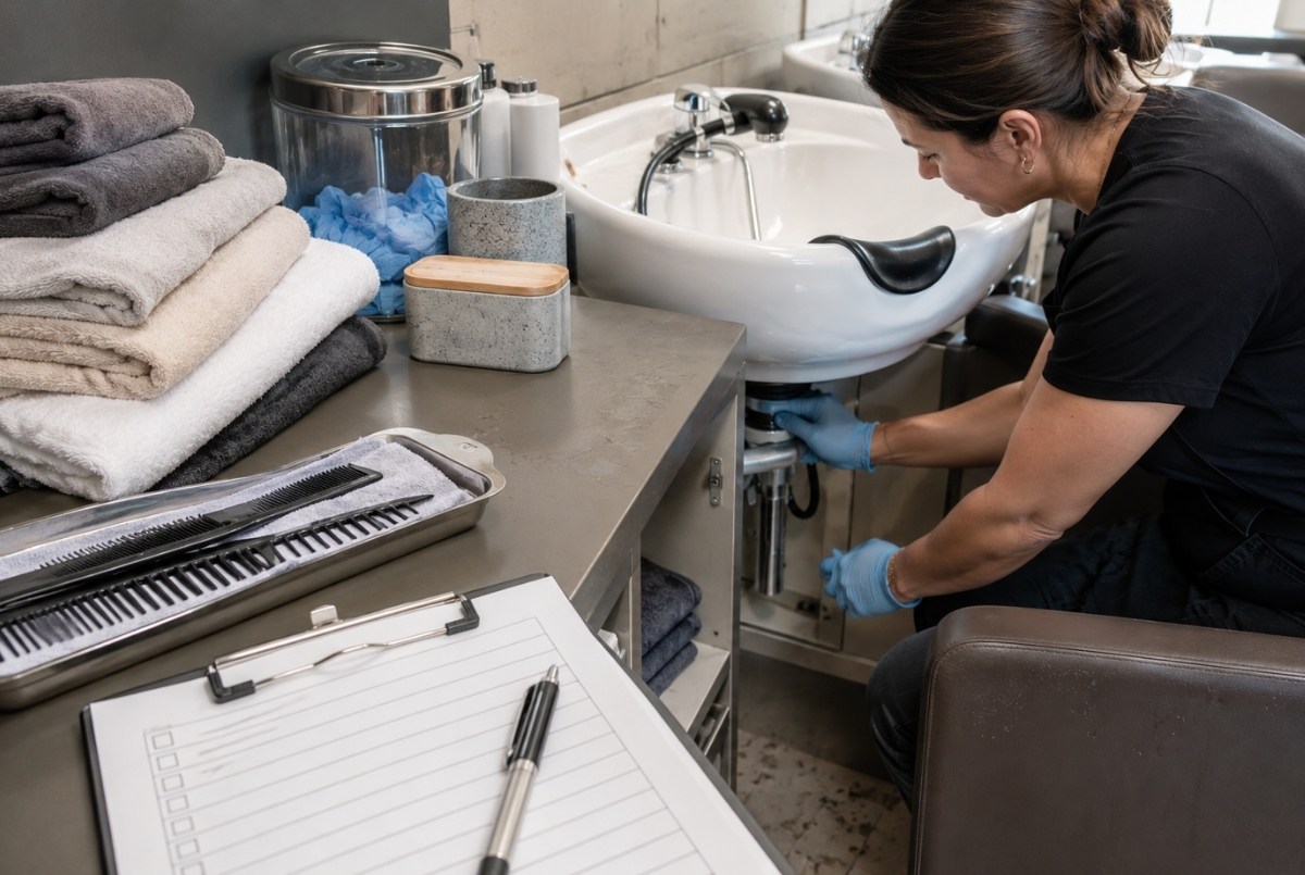 Salon owner checking shampoo sink plumbing near clean towels, gloves, disinfected combs, storage containers, and a blank maintenance checklist.