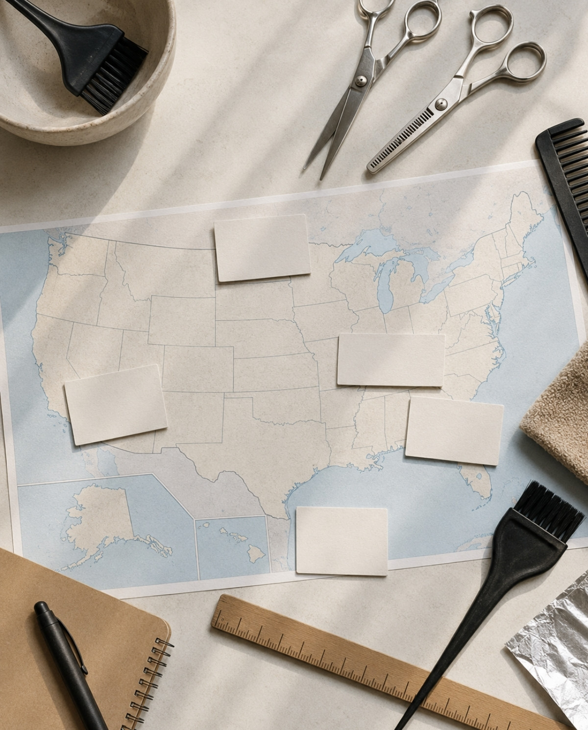 Unmarked United States map with blank requirement cards, scissors, combs, ruler, and salon tools arranged on a training table.