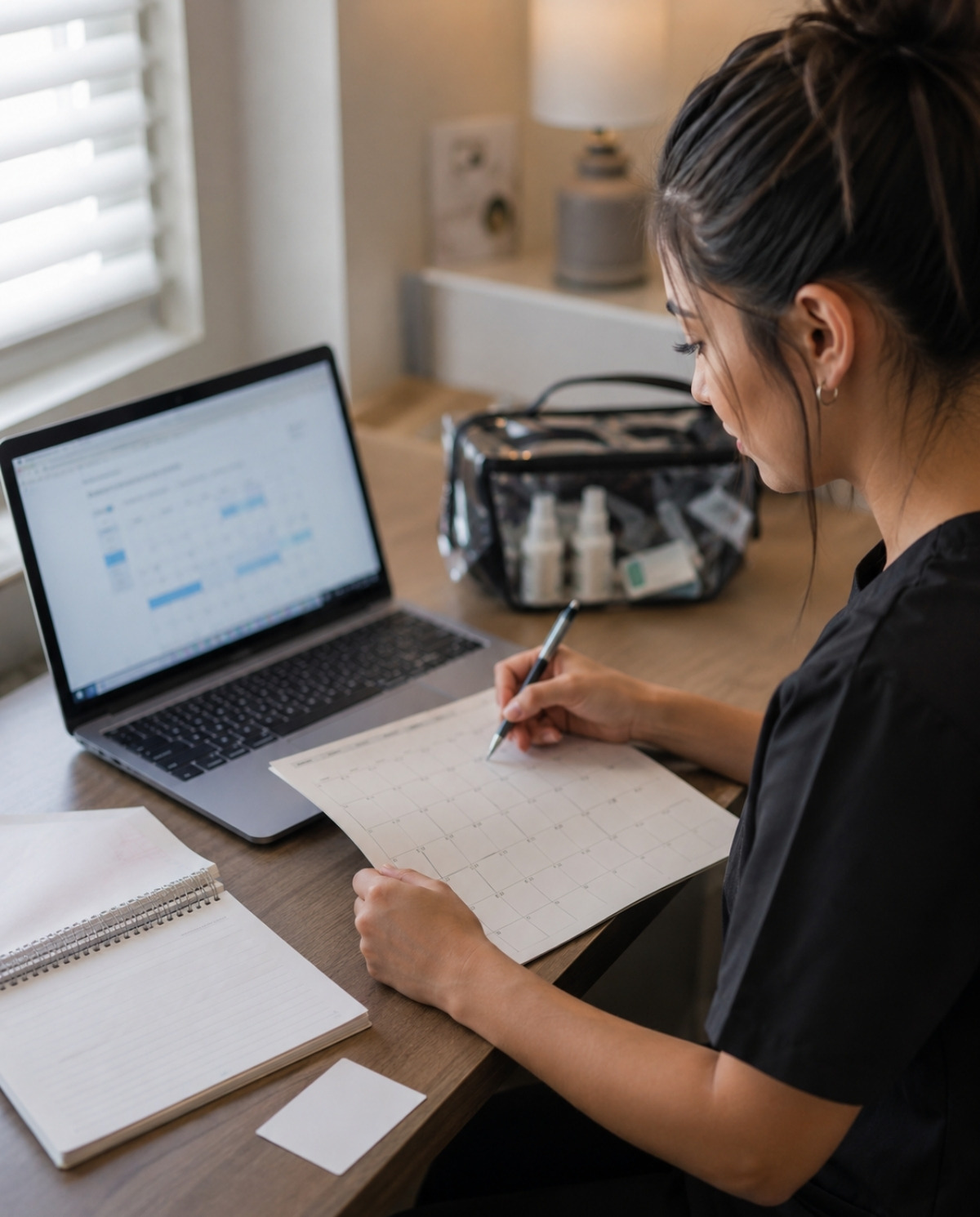 Cosmetology student planning an exam date with a blurred laptop scheduling page, calendar, blank notes, and supply bag.