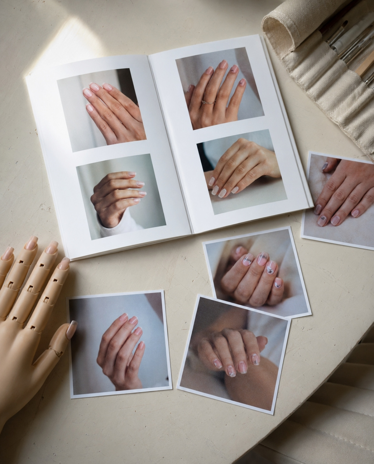 Overhead view of manicure portfolio photos, a practice hand, and nail tools arranged on a neutral desk.